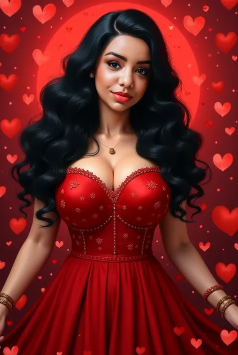   Create a realistic image of a woman with long wavy black hair .   She wears a red dress with embroidered hearts  .  She wears red lipstick and carries a grimoire in her hands.  Around her there are a lot of red hearts . Your body is curvy ,  slightly ove...