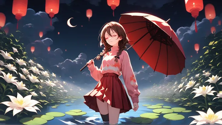  Madotsuki a girl with twin braids holding a red umbrella in a pond of water with lily pads around her waist, lantern in the background, tulip, white flower, solo, night sky, cloudy sky, crescent moon, pink sweater, print sweater, expressionless, closed ey...