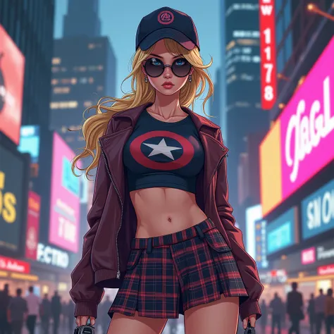 (masterpiece, Best Quality:1.2), 1 girl, alone, blonde hair in a ponytail, sunglasses, freckles and blue eyes, A full body image of a girl in an avengers logo crop top under a grey plaid shirt,very short cheerleader miniskirt , baseball cap, posing in Time...