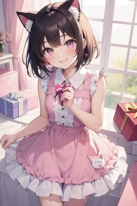 Top quality, high resolution, detailed, beautiful picture quality, one girl, cute pale pink dress with frills, short hair, cat ears, lolicon feeling, smiling face, cute design based on pink, overall sweet and dreamy atmosphere, hearts and gift boxes are dr...