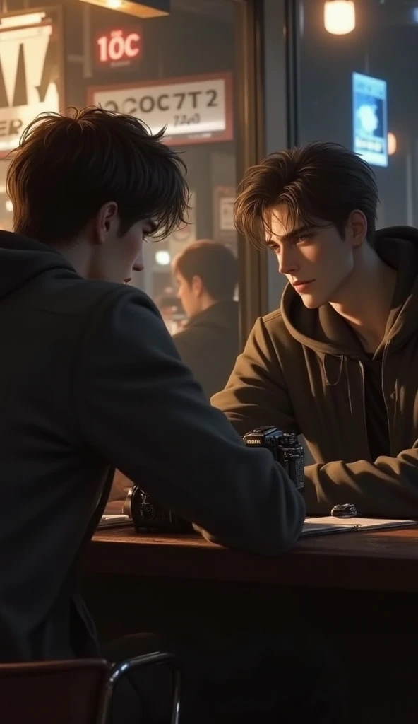 A view of a man ,  wearing hoodie jacket, brown-haired,  sitting at a bar table with a dslr camera on the table, Then he was confronted., sitting beautiful , brown-haired, with a mysterious stare, Side view , It shows the figures of the two men..