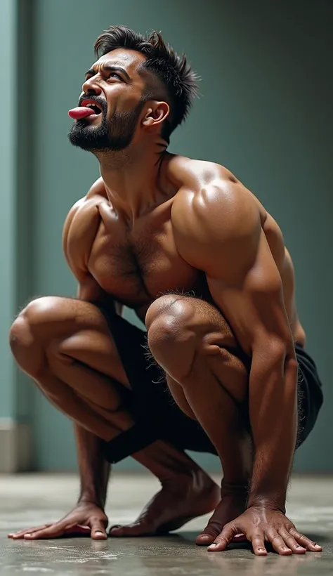 Man squatting. side view .  Directs the face forward, slightly upwards . He has an outstretched tongue and a slightly open mouth..  