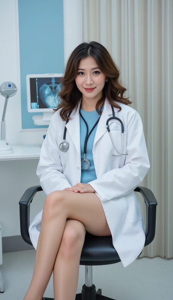 ((最  high quality )), ((masterpiece)), (  Details), ((最  high quality )), ((masterpiece)), (NSFW:-1.5), ( nipples:-1.5), (( beautiful Japanese female doctor with unframed glasses  :1.5)), (( sitting in a chair after examination with long legs crossed  :1.8...