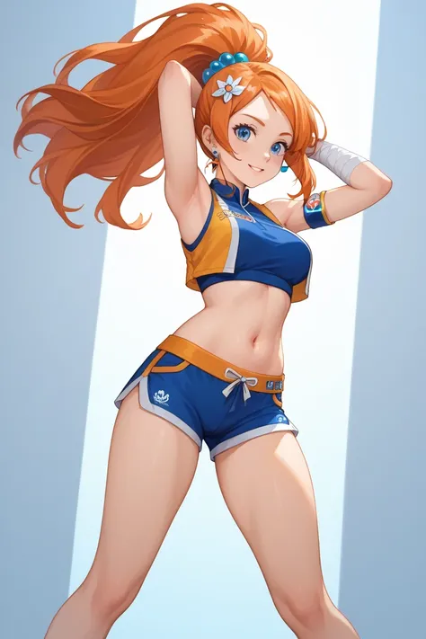 Here’s a description of a Muay Thai-inspired outfit for Orihime Inoue, showcasing her navel and toes:  

Orihime embodies strength and agility in a Muay Thai-inspired outfit that highlights her athleticism. She wears a cropped, sleeveless sports top in bol...