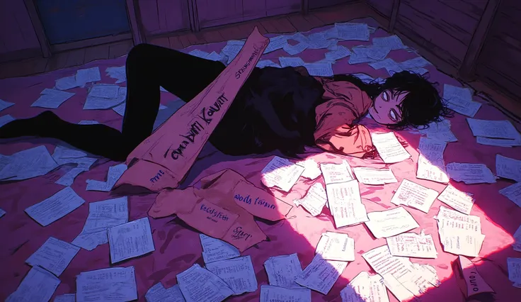 a cartoon of a person lying on a bed with paper receipts, praise hip hop, desaturado!!, praise artstyle, chillhop, anime aesthetics, I love it, Aesthetic anime, In the style of Akira, Sad ,  lonely and soft vibrations , praise feel, ( ( hesitant ) ), “anim...