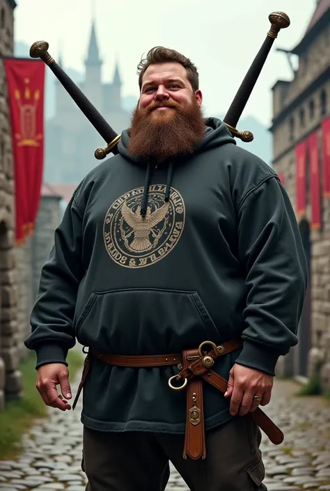  Fat man wearing a black sweatshirt. curly brown beard . On the back with a sword. medieval style