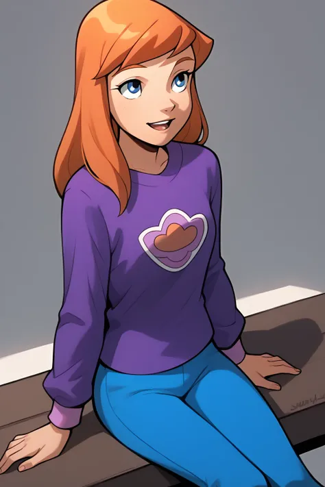 powerpack_julie, 1girl, solo, blue eyes, orange hair,long hair,purple jacked,blue pants,sitting,happy