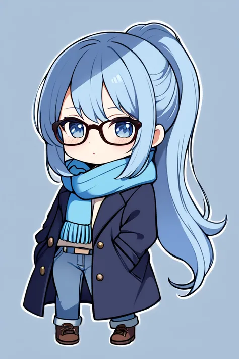  1 girl, solo,  long hair,  high resolution,  ponytail,  high resolution,  simple background, Blue Hair/ light blue hair, chibi-style ,Glasses, jeans, long coat, muffler 