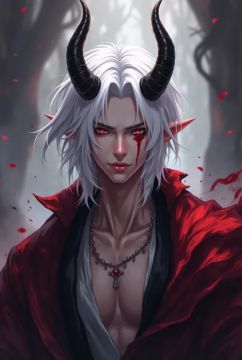 an anime character with white hair and horns, fit male demon with white horns, demon male, man male demon, human male demon, handsome guy in demon slayer art, with black horns instead of ears, male vampire of clan banu haqim, alvah angelrune, infernal art ...