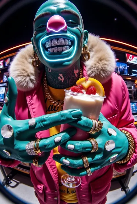 gr!llz, detailed hands, photograph An ultra-realistic, first-person view (FPV) of human-like character inspired by sci-fi aesthetics. The perspective shows the viewer's hands reaching forward, one hand holding an intricately detailed tropical fruit and ice...