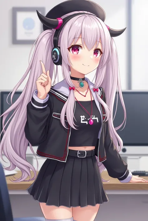 (( of the best quality )), (( Highly detailed )), , ( 1girl), One,  shot, ((( general plan ))), zoe_Rain ,  long hair hairstyle,  multicolored hair,  two-color hair,  hair with color separation , twintails,  pink eyes,  smiling , black hat,  headphones wit...