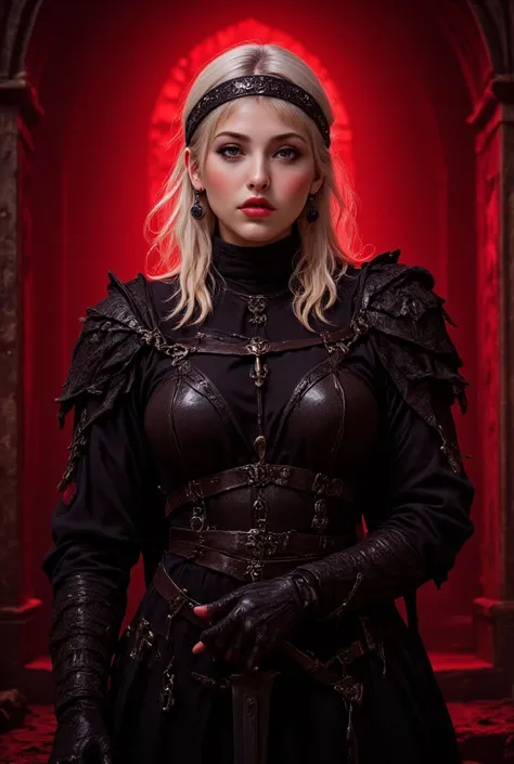 ((Higher Quality )) , (  Details),  Visenia Targaryen Dazzling , Black Dragon Armor, Black Sword, Lilith in the church, deep, Shiny metallic black , , Bloodstain, whole body,  Dramatic Red Light Style D14bl0, The Witch with Long White Hair ,  Headband and ...