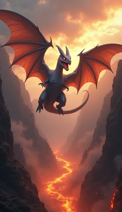 A menacing and majestic Aerodactyl takes center stage in a dramatic prehistoric-inspired scene, embodying the fierce and ancient power of the skies. Its massive, bat-like wings are spread wide, with intricate, leathery textures and faint veins visible unde...