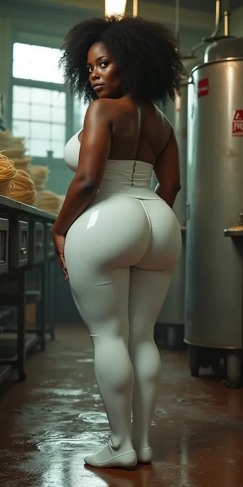 MASSIVE BUTTOCKS, white plastic leggings, UHD, She's a dark skin melanin Queen with thin waist, spaghetti factory, side view, no nudity 