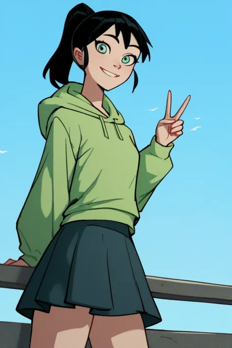 the_bt,1girl,solo,peace sign,anime coloring,black hair,ponytail,green hoodie,skirt,looking at viewer,blue sky,smile