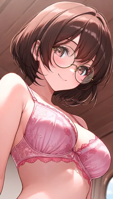  portrait、、 greatest masterpiece in history、 high definition 、 high resolution、(((1 woman only )))、 big size、(( Upper body drawing  ))、(( brown hair、 round frame glasses 、 short hair))、smile、 blushes、(( in underwear、pink delicate embroidery lace bra))、(( a...