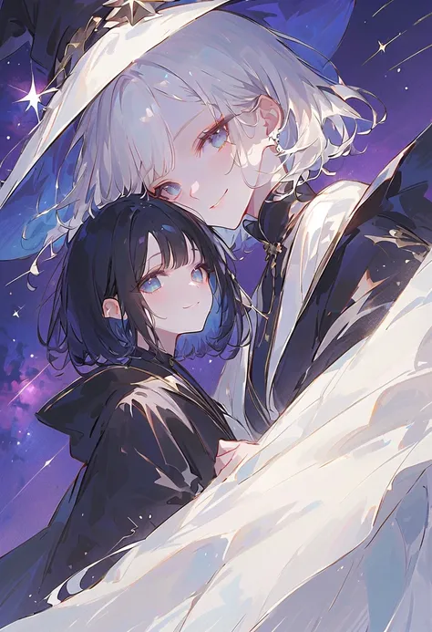 Alone,  handsome, 
1.  youth,
hime cut, Straight Hair , short hair,  straight hair、 black hair, Short Hair、
 Blue Eyes, soft impression , beautiful, beautiful,Sexy,
black OVERsize パーカー,black robe、
 white skin,
 smiles,  Witch Hat, Milky Way、
star空、star