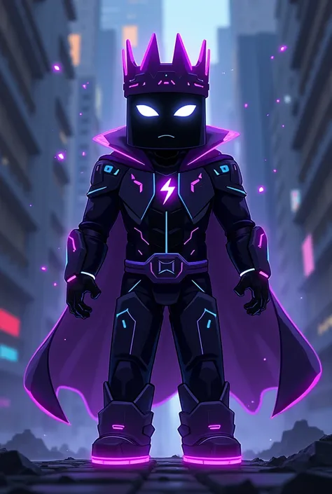 An anime-style illustration of a dark, mysterious character inspired by a Minecraft skin. The character has a fully black body and face, with glowing white eyes. He wears a purple crown with a small lightning bolt emblem on the front. His outfit is futuris...