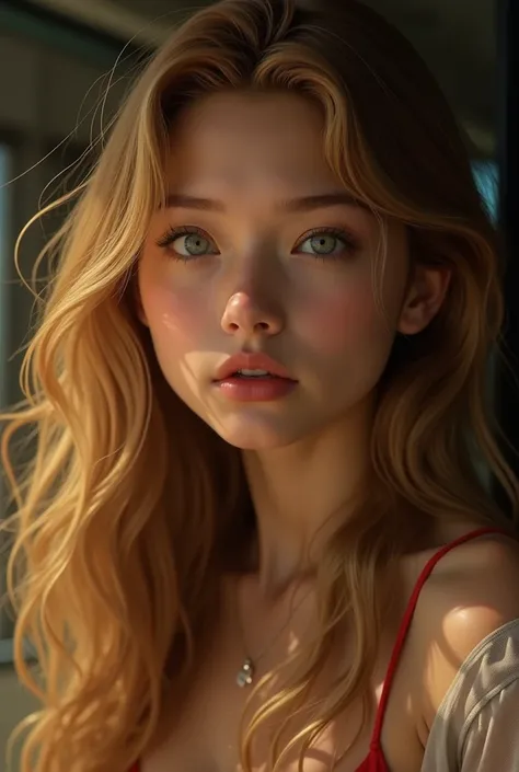  of a beautiful girl with long golden hair,   Delicate eyes  , nose, and lips, Wearing a red bikini， Full body on the bus，Sunbathing by the sea Japanese anime realistic ,  Exquisite Face and Body , intense light shadow effect ,Warm colors, Dramatic colors 