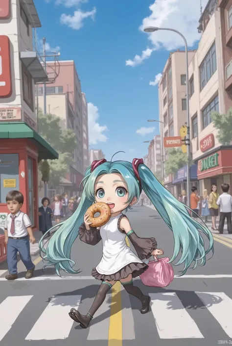 (Masterpiece、 top quality、 top quality、 Official Art、  beautiful and beautiful  :1.2)、( one girl:1.3) Hatsune Miku、 Twin Tails, beautiful breasts, CHIBI CHARACTER STYLE ,  3d animation, A cute girl carefully crosses the road while nibbling on a donut wrapp...