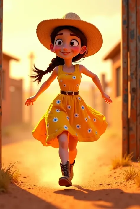 Luísa, , with brown braided hair, an excited expression, a yellow floral dress, and a straw hat, wears boots and runs to the corral. The sky is tinged orange in the background. 3D Pixar style.