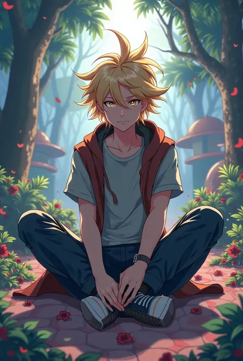 Img
anime eboy in pokemon world 4k res HD ultra graphics blonde hair, sitting down, in game multiverse setting evil boy looking more anime style like ghibli add a pokemon gengar face to his tshirt