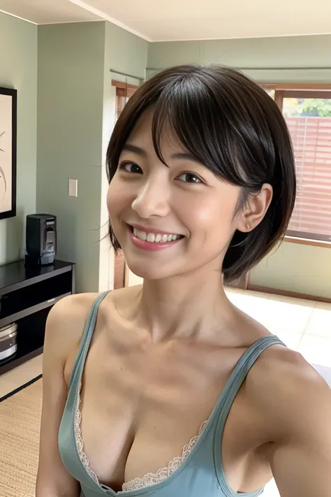 (Angle from below: 1.0) A 40-year-old Japanese woman with small breasts and short black hair is in the living room, making a small cleavage with her arms, and smiling shyly.