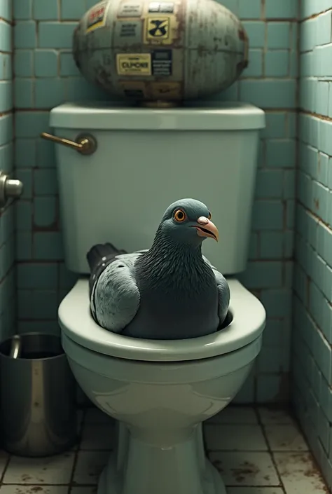 pigeon stuck in a toilet looking at a nuclear bomb