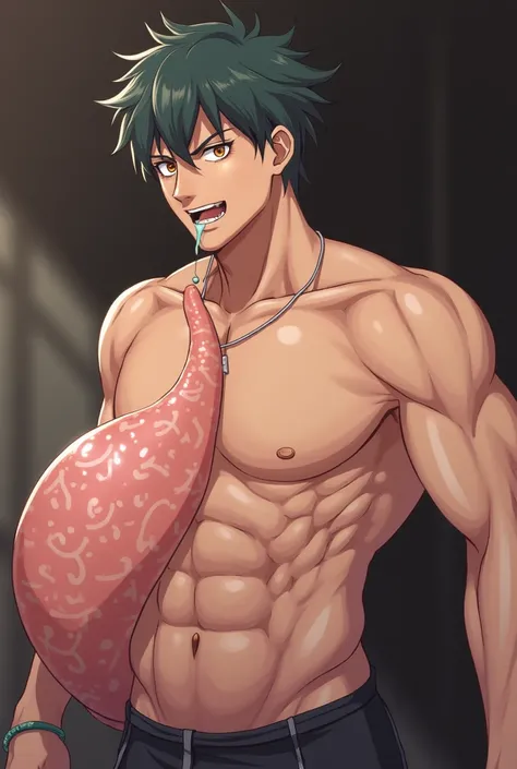 An anime boy with a massive, veiny, thick and girthy cock, drooling pre-cum from the thick tip.