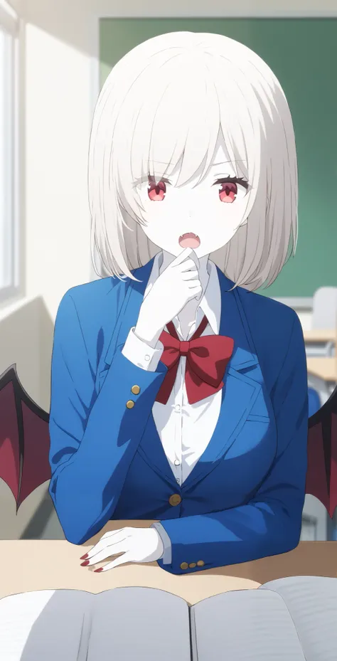 score_9, score_8_ up, score_7_ up, source_Anime, high definition , Anna, 1 girl, Alone, school uniform , red eyes, jacket , shirt, bow, white shirt, blue jacket , collared shirt, blazer, red bow, medium hair , bowtie, bangs, Pure white hair,...