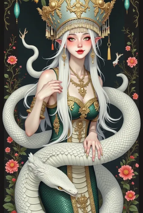  Close up of the white python queen ，Closeup of the white python queen wearing a tassel hat ， it circles around itself  ,  white snakeskin skirt，  Bracelet，Armband，。 surrounded by flowers，python background