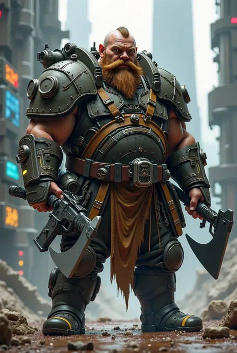 A dwarf soldier from the future with axe and blaster