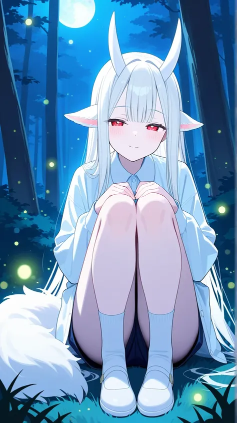 (high quality), (masterpiece), (super detail), long hair, straight hair, white hair, detailed eyes, red eyes, very pale skin, animal ears, white horns on head, pointed animal ears, white fluffy tail, looking at viewer with half-closed eyes, calm face, fire...