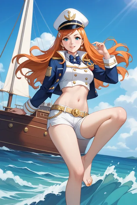 Here’s a description of a ship captain-inspired outfit for Orihime Inoue, showcasing her navel and bare feet:

Orihime commands attention in a bold, ship captain-inspired outfit that blends nautical elegance with a touch of adventure. She wears a cropped n...