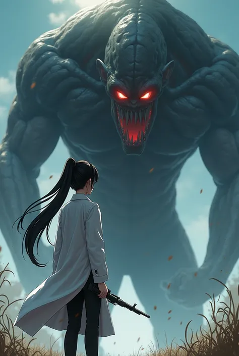 (ponytail forehead hair pulled back:1.3) (black hair:1.3), a woman in a white labcoat and black pants holding shotgun, staring at insanely creepy monster with, anime style, from girls frontline, fine details. girls frontline, girls frontline universe, girl...