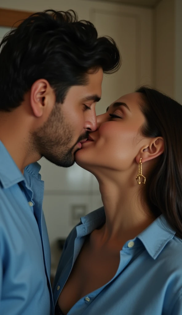 "Create a 4k, ultrarealistic image where Kareena is passionately kissing a young, shirtless man. Capture the scene in the early morning light of a January day in Delhi, set within the modern confines of a high-rise apartment's kitchen. Kareena should wear ...