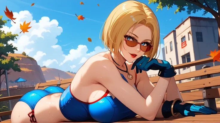 Sexy blue mary , UHD,  short hair,  blond hair,  blue eyes, Red lips,  big breasts, gold necklace, wearing tight red and dark blue clothing,  Gloves,  in a wasteland,  sitting on a bench , sweating,  sexy pose,  sunglasses in her hair,  big ass , Falling l...