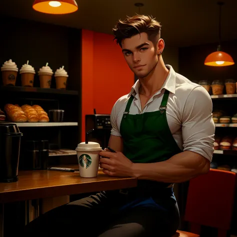 Man sitting in a coffee shop, drinking coffee 