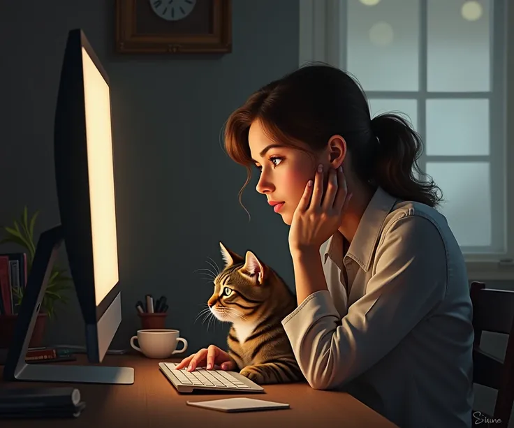 A woman sits in front of a computer, one hand playing with a cat, the other hand resting her chin on the table, with a computer screen.
