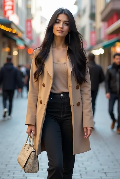 Turkish girl, with black baggy jean, full length photo, tall, 170 cm tall with black hair, walking on the streets of Baku. Beautiful girl with a slightly smiling face, dressed in a beige coat