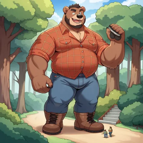 scribbled grizzly bear stitch face,humanity (grizzly bear stitch),chubby, (black eyebrows:1.1),(perfect eyes), brown fur, wearing a flannel shirt, having tight jeans, (Artist: Takemoto Arashi), paw,（ black beard :1, 3）（Hiking clothes :1,3, flannel shirt, j...