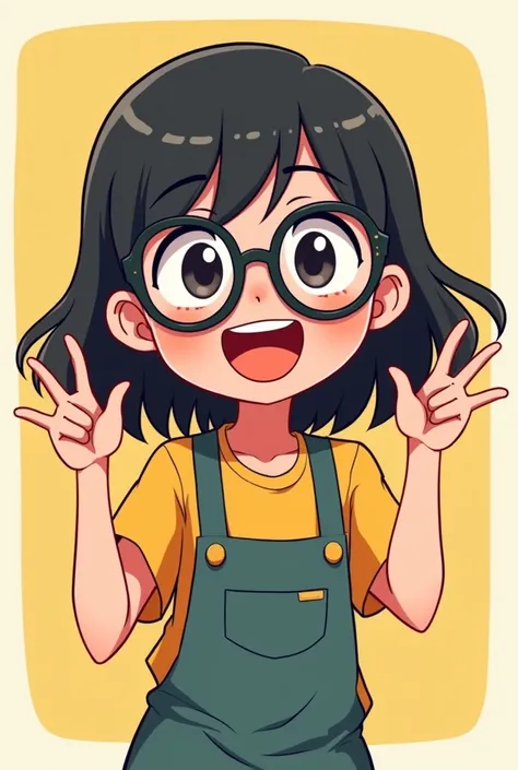 Girl with dark shoulders and round face wearing black-rimmed glasses is making a cheering gesture( comic style)