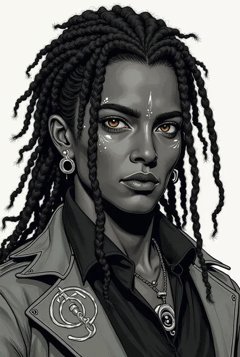 **Portrait Manga d'Alastros Kallion**  
*(Avec dreadlocks courts et bouclés)*  

---

**Apparence visuelle :**  
- **Visage & Physique** :  
  - Visage anguleux, symétrique, avec des traits ciselés rappelant un masque divin. Peau noire profonde, rendue ave...