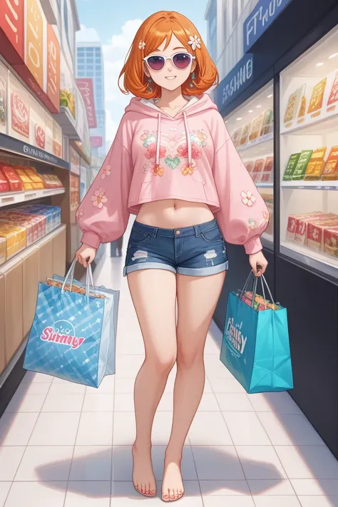 Here’s a description of a shopping-inspired outfit for Orihime Inoue, showcasing her navel and bare feet:

Orihime steps into a chic and casual shopping look that’s both stylish and comfortable. She wears a cropped pastel pink hoodie, soft and lightweight,...