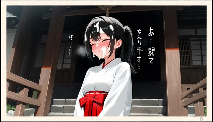 ( beautiful girl  : 1.3), 1 girl,(White and red hakama), black hair, ponytail,Embarrassed,blush, close eyes,Semen thread, semen on hair, semen on face,Dark Shrine , lines ,sound effect,masterpiece, top quality, super high resolution, rich contrast, high de...