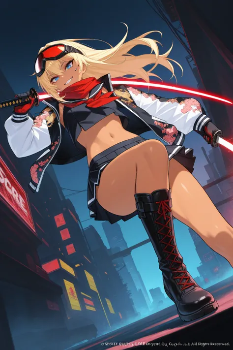 score_9, score_8_up, score_7_up, score_6_up, score_5_up, score_4_up,anime artwork masterpiece,best quality, unreal engine, ultra res, extremely detailed, One Girl,blonde hair,long hair,blue eyes,tan skin,biker goggles on head,black sailor suit,Red sailor s...