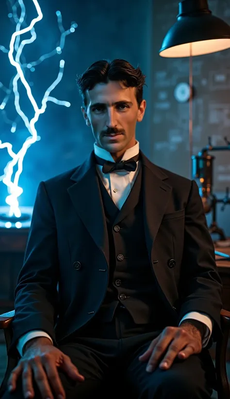 "Create a dramatic portrait of Nikola Tesla in a futuristic yet classic style. Depict Tesla seated in his laboratory, surrounded by glowing arcs of electricity and intricate coils emitting vibrant blue and white sparks. He wears a tailored 19th-century sui...