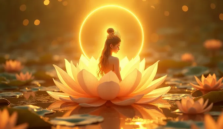 A golden water lily, lotus petals, radiating golden light, Lotus, with lotus flowers, glowing golden aura, a golden halo, soft golden light, glowing delicate flower, lotuses, gold ethereal light, gold flowers, sitting on a lotus flower, gilded lotus prince...