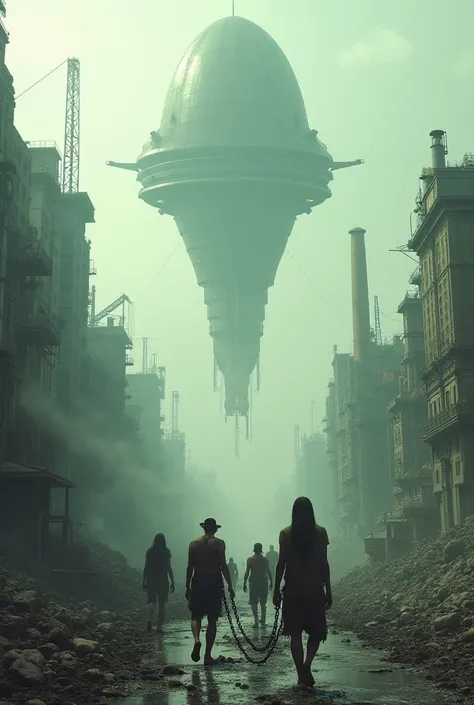 Make a post-apocalyptic scenario with human beings in chains, A lot of pollution in the air, with an alien base parked in the sky above people , Make it ultra realistic super detailed in 8k resolution