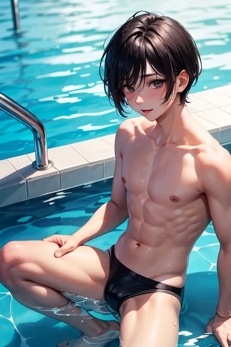 A cute, dark-haired, dainty boy with gay short bob plays in the pool